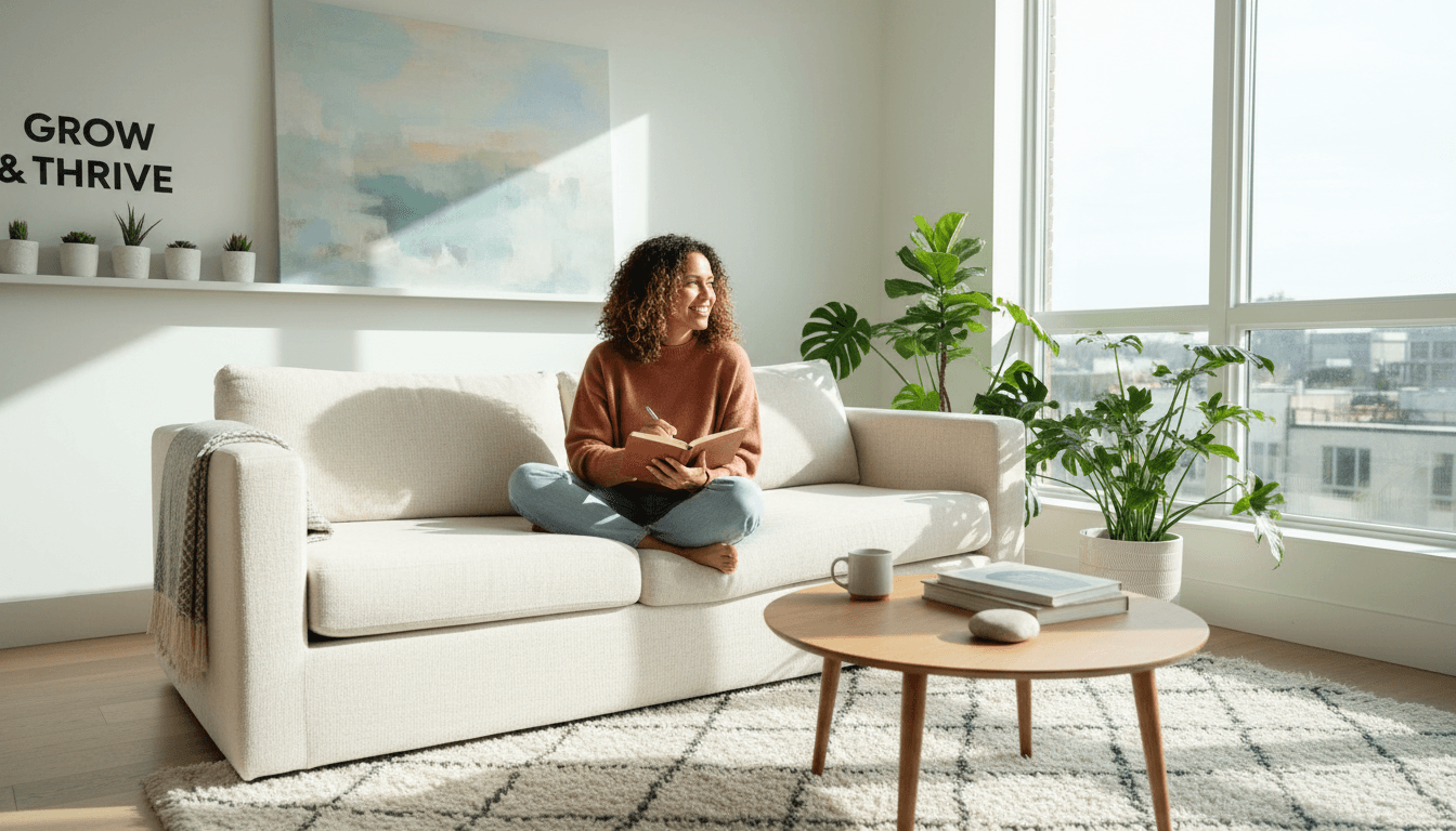 Young person in a calm, welcoming room looking toward the future