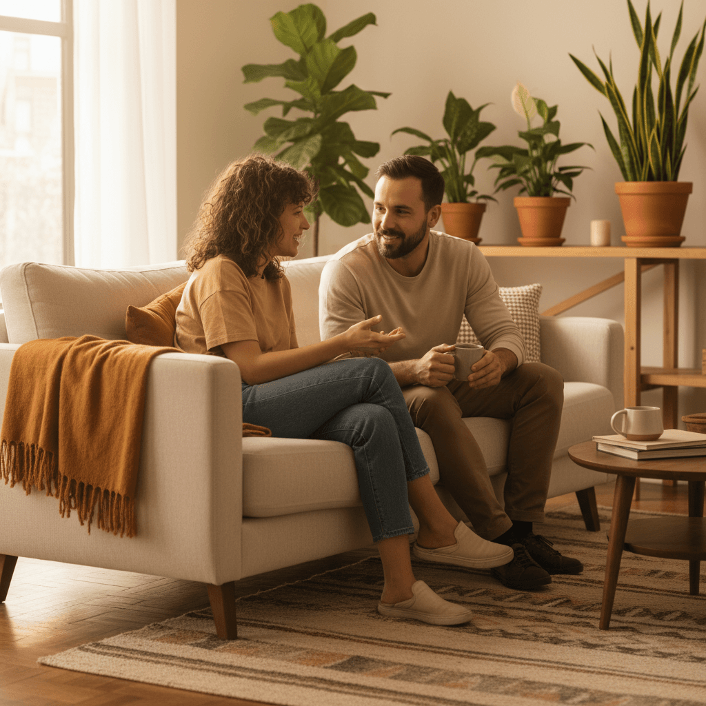 Support worker having a one-on-one conversation with a young adult resident