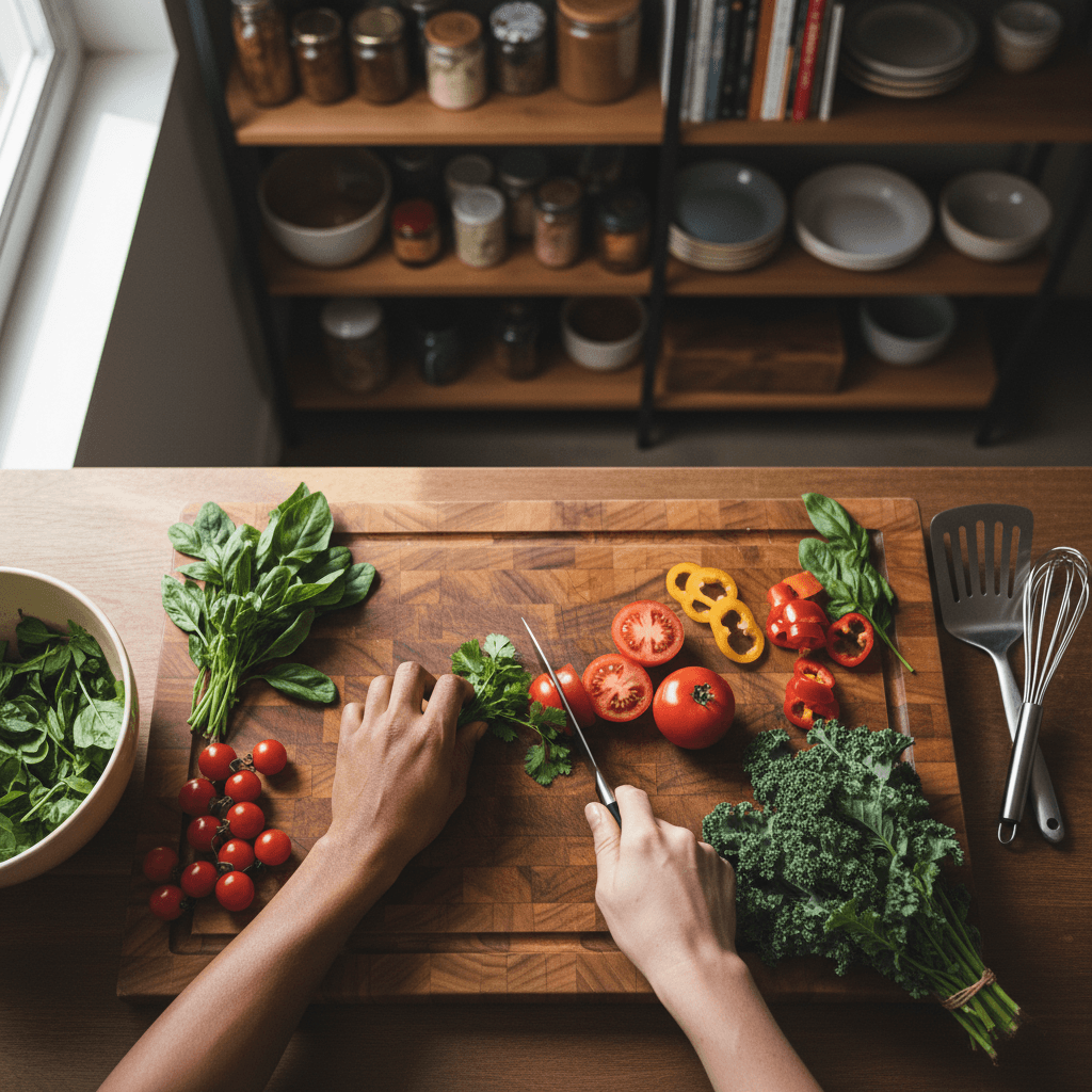 Residents working together in a shared communal kitchen
