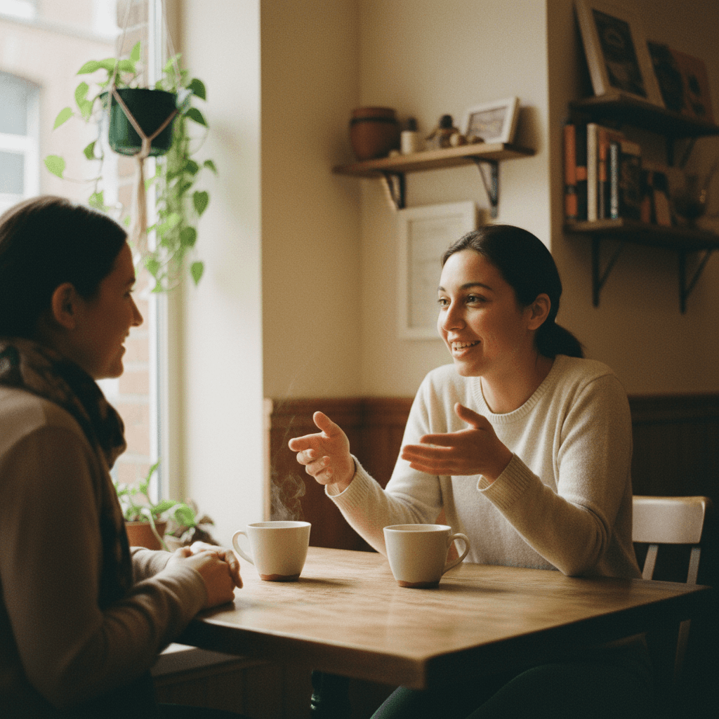 Two people in genuine conversation in a safe, welcoming space