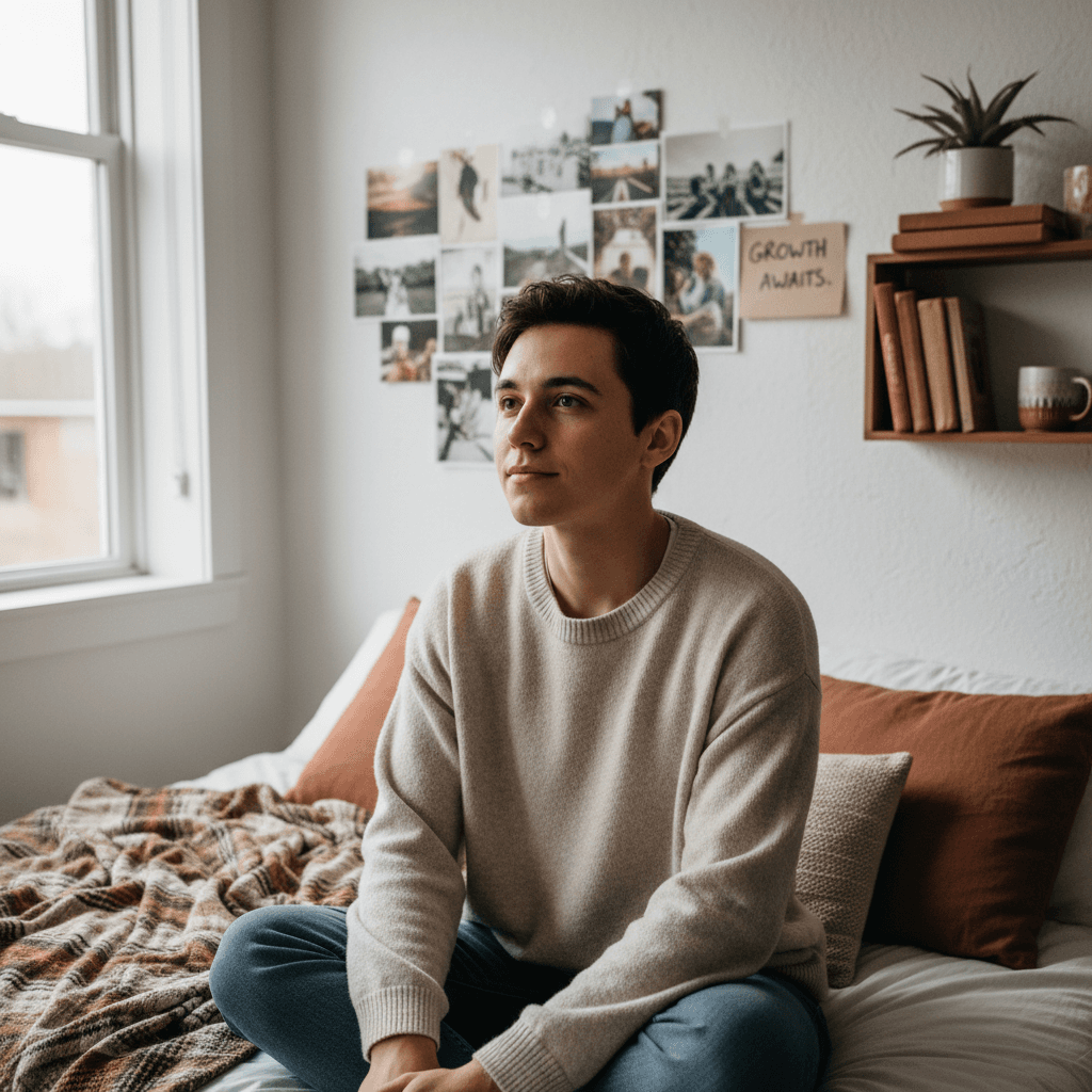 Young adult in a comfortable, well-furnished supported accommodation bedroom
