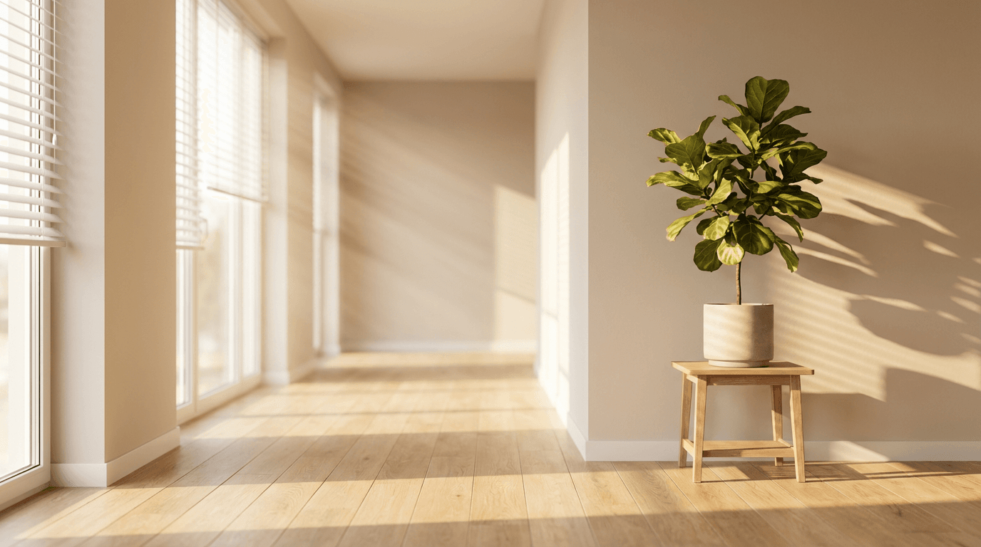 Welcoming residential hallway with natural light and a young adult walking confidently through the space